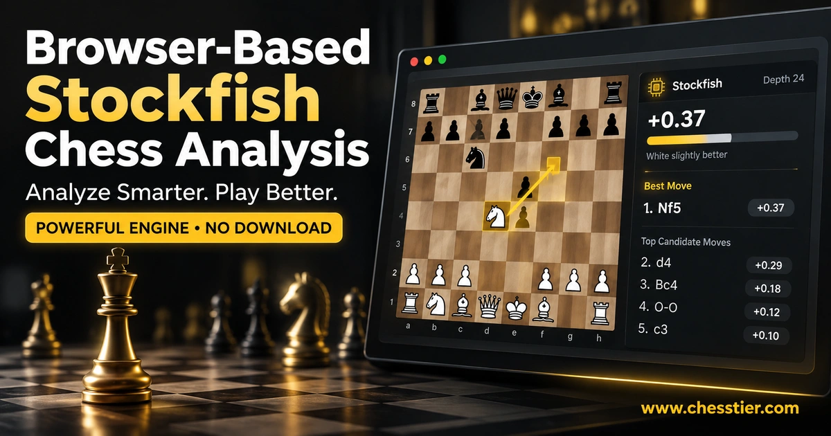 Stockfish chess engine analyzing a game locally in the ChessTier browser interface