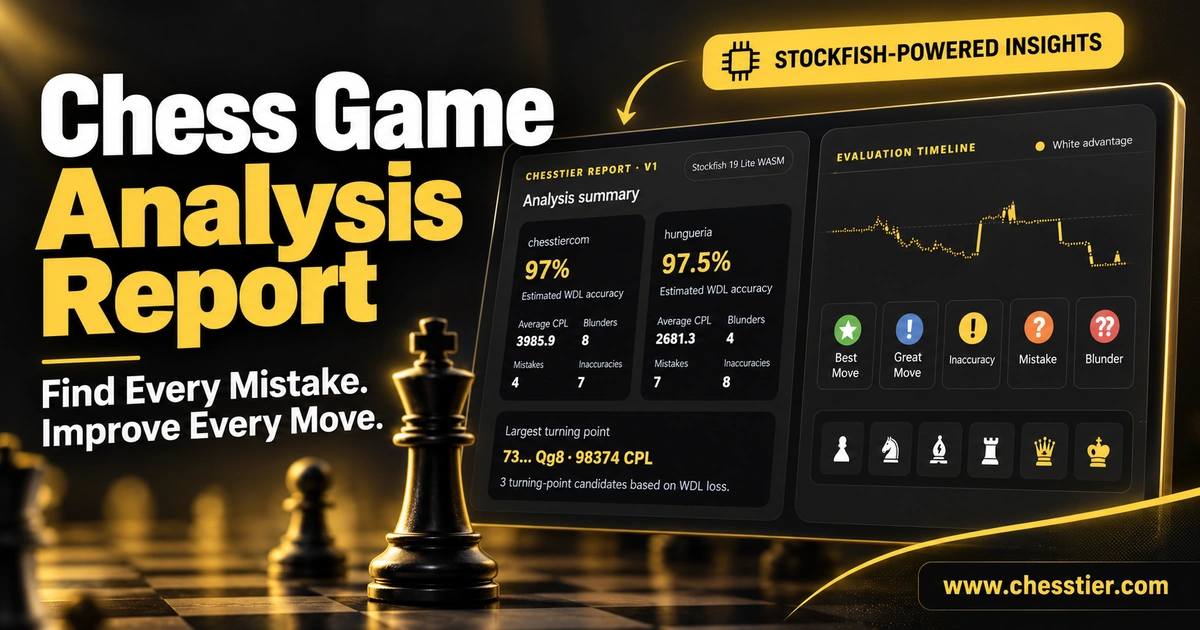 ChessTier chess analysis report showing move classifications, accuracy score, engine evaluation, and key turning points